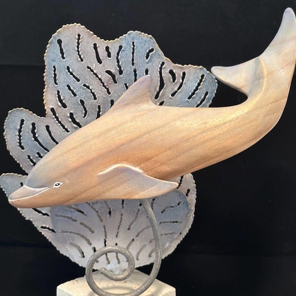 Coastal Décor "Wooden Dolphin w/Metal accents on Stone base" Mixed Media - Picture 8 of 11